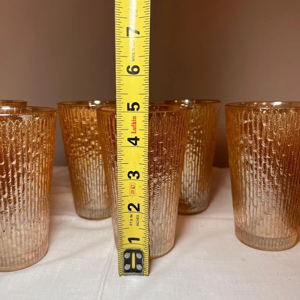 Set of 6 Vintage Amber Textured Drinking Glasses Mid Century Retro Tumblers